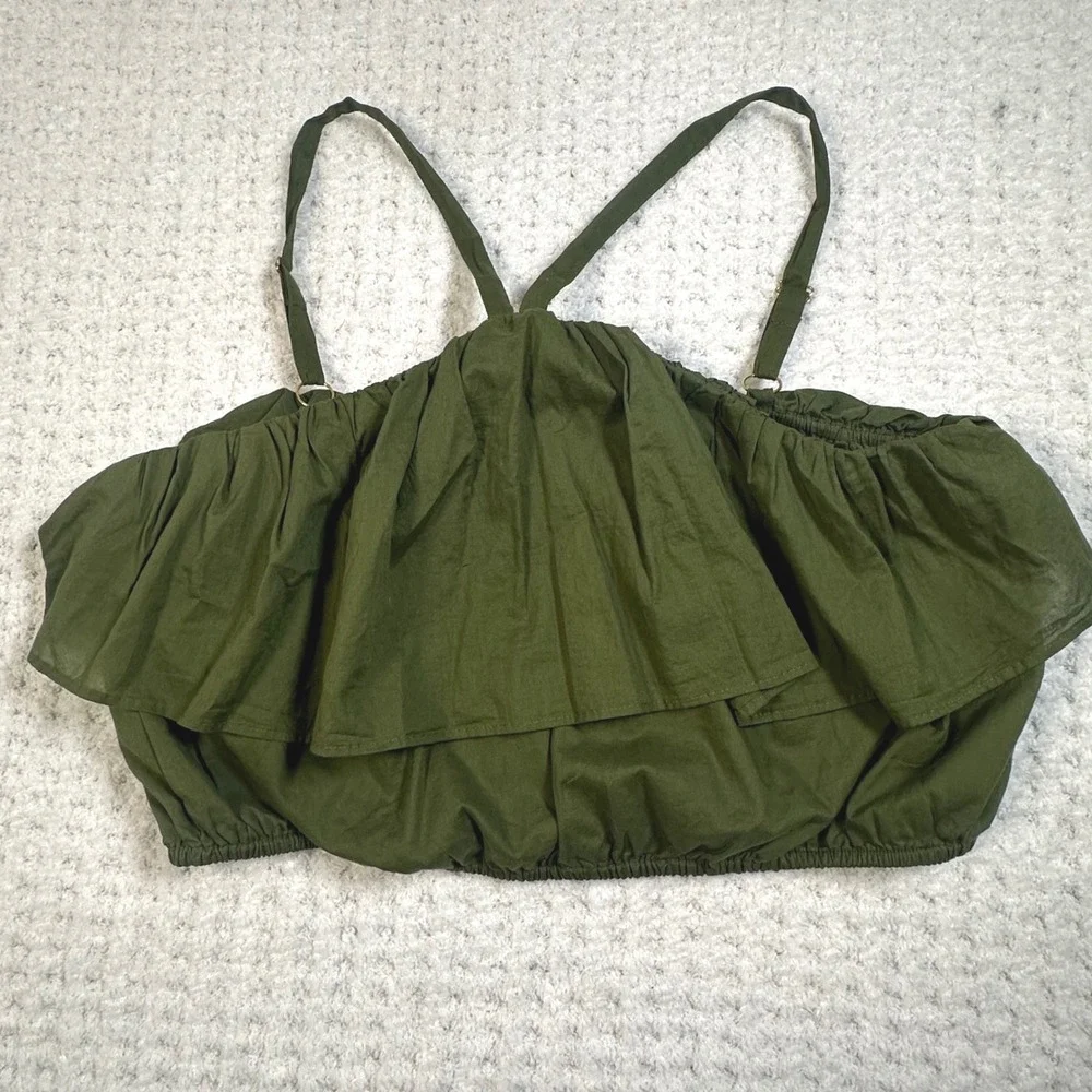J.Crew Re-Imagined Ruffle Crop Top Olive Green Cotton Halter Womens Medium